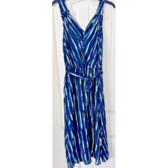 Donna Karan New York Women's Printed Belted A-Line Dress Teal Navy Midi Dress 12 - Picture 7 of 11